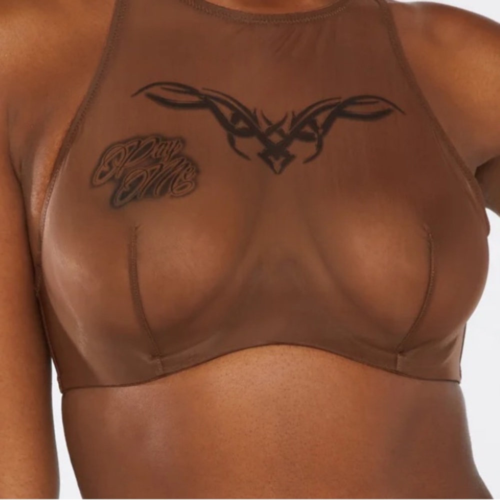 BNWT Fenty Savage Tattooed Tricot High Neck Bra Brown Sugar 38C
